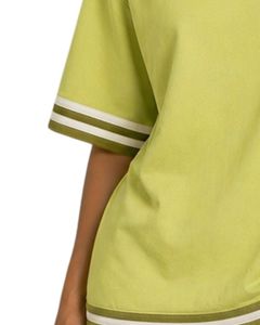 Customized Lime Green Floral Embroidered Oversized T Shirt Women Contrast Stripe Crew Neck Casual Loose Fit Cotton Summer <b>Top</b> - Product Image 2