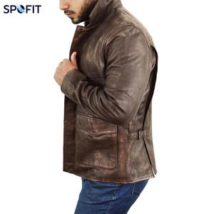 Veste en cuir marron vieilli pour homme, style vintage, en cuir de vachette ciré, col chemise, avec poches à rabat, cuir personnalisé - Product Image 4