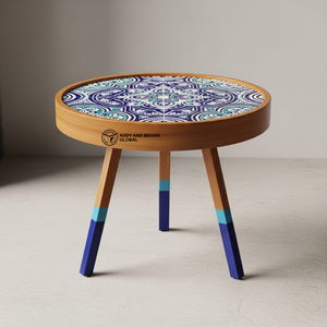 Tabouret en bois bleu géométrique design – Tabouret d'appoint trépied contemporain, siège rond en bois pour salon - Product Image 6