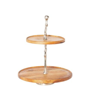 Handcrafted 2-Tier Acacia Wood Cake Stand With Rustic Pewter Bird Accents Elegant Two-Tiered Wooden Serving Tray & Dessert - Product Image 2