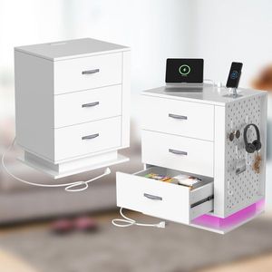 <b>White</b> Left Side 3-Drawer RGB LED Bedside Table Nightstand with Charging Station and USB <b>Ports</b> Dressers Product - Product Image 2
