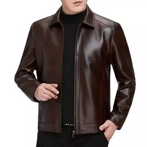 Blouson moto en cuir de vachette véritable pour homme, col rabattable, fermeture éclair, grande taille, couleur unie, coupe classique, automne - Product Image 6