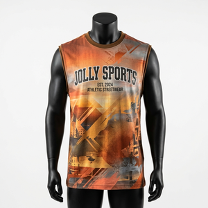 Camiseta sin mangas de poliéster de alta calidad que absorbe la humedad, con estampado naranja y logotipo personalizado, camiseta 100% algodón para hombre, corte holgado, estampada. - Product Image 1