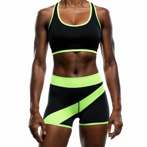 Black Neon Green 2 Piece Yoga Set High Waist Shorts Scoop Neck Racerback Crop Top Contrast Binding Seamless Breathable - Product Image 1