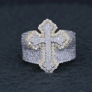 925 <b>Silver</b> Lab Grown Diamond Fleur Cross <b>Ring</b> Two Tone Pave Statement Wide Band <b>Mens</b> Pinky <b>Ring</b> - Product Image 2