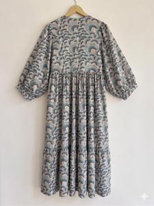 Vestido Midi Boho para Mujer, Estampado Geométrico, Manga Abullonada Tres Cuartos, Corte Holgado, Cuello Redondo, Cintura Elástica, Estilo Vintage, Casual de Primavera - Product Image 1