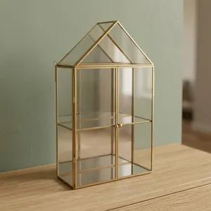 Artisan Design Modern Brass/Glass/Mirror Hut Shape <b>Wall</b> <b>Mounted</b> Double Tier Storage Cabinet with Decorative <b>Shelf</b> - Product Image 5