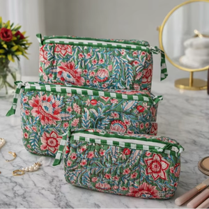 Sacs à maquillage en coton durable à rayures vertes et motifs floraux imprimés, pochettes indiennes, trousse de toilette de voyage, organiseur de cosmétiques - Product Image 1