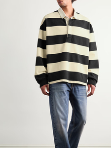 Chemise de rugby rayée surdimensionnée pour homme, manches longues, épaules tombantes, coupe ample, style vintage, boutons cachés, streetwear, coton de qualité supérieure - Product Image 1