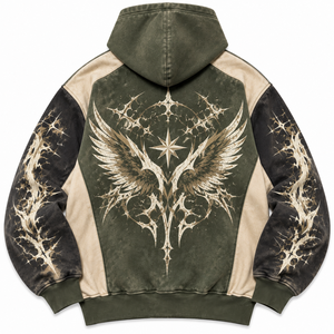 Sudadera con Capucha Regular con Estampado de Alas Góticas, Estilo Y2K Grunge, Lavado Ácido, Negro Oliva, Diseño Personalizado en las Mangas, Corte Crop, Holgada, Streetwear - Product Image 3