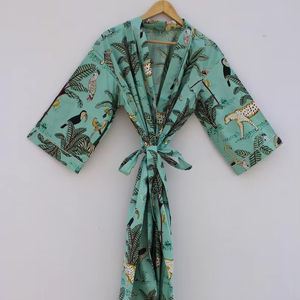 Bata Kimono con Estampado de Dibujos Animados para Mujer, 100% Algodón Transpirable, Camisón de Verano Hecho a Mano, Cuello en V, Cintura Elástica, Largo Completo - Product Image 1