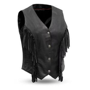 Gilet de moto en cuir véritable pour femme, style biker, fermeture avant à boutons-pression, franges, noir - Product Image 1