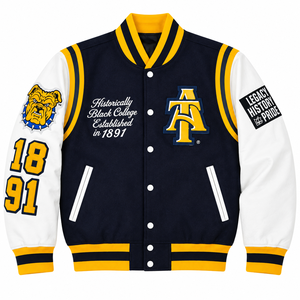 เสื้อแจ็คเก็ตบอมเบอร์แบบมีปกตั้ง ปักลายวิทยาลัย HBCU  แบบสั่งทำพิเศษ สีกรมท่า ขาว และทอง เป็นมิตรกับสิ่งแวดล้อม - Product Image 1