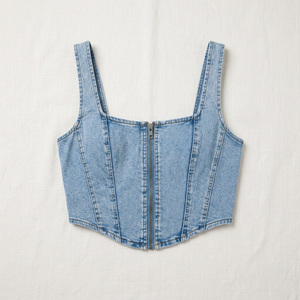Chemise corset en jean Y2K délavé personnalisé pour femme, col carré, sans manches, crop top zippé sur le devant, décontracté, printemps-été, streetwear, débardeur - Product Image 4