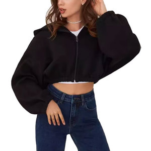 Women's Cropped <b>Zip</b> <b>Up</b> Hoodie Oversized Fleece Sweatshirt Casual Streetwear Drawstring Hooded Jacket Custom Logo OEM ODM Private - Product Image 5