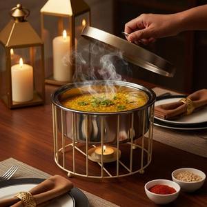 ถาดอุ่นอาหารสแตนเลสแบบมินิมอลพร้อมฝาสีทองและที่วางเทียนสำหรับการรับประทานอาหารสมัยใหม่และการใช้งานบุฟเฟ่ต์ - Product Image 3