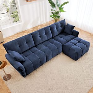 Set Divano a Tre Posti in Legno Massello con Pouf e Cuscini in Ciniglia Testurizzata ad Alta Resilienza per Soggiorno - Product Image 3