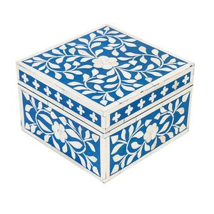 Handcrafted Royal Blue Bone Inlay Square <b>Floral</b> <b>Box</b> Artisan Blue and White <b>Floral</b> Vine Bone Inlay Jewelry <b>Box</b> Premium - Product Image 2