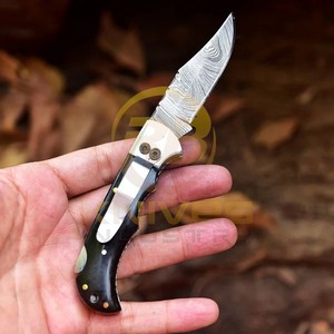 Cuchillo Plegable OEM de Acero de Damasco con Punta Caída, Mango de Micarta, Borde Biselado y Hoja Fija de 0.6mm de Grosor - Product Image 3