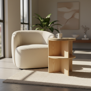 Table d'appoint moderne pour chambre et salon, étagère en bois d'hévéa écoresponsable du Vietnam et placage MDF, design gonflable, garantie 1 an - Product Image 5