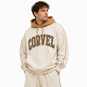 Sweat-shirts oversize pour hommes avec motif léopard et lettres en relief, et pantalons de survêtement à jambe large en molleton épais de coton uni avec passepoil personnalisé - Fabricant - Product Image 2