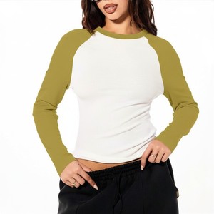 Top Corto de Manga Larga con Bloques de Color y Cuello Redondo para Mujer, Ajuste Delgado, Tejido de Punto, Casual, Transpirable, de Algodón y Spandex - Product Image 1