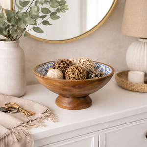 Vajilla de madera de mango con estampado de azulejos azules naturales, tazón con pedestal esmaltado para el hogar y la cocina, mesa ecológica con juegos de cubiertos. - Product Image 4