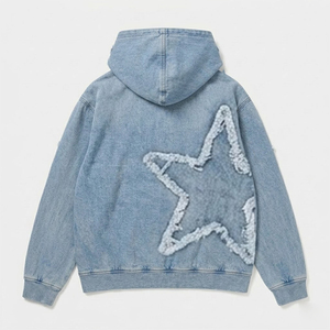 Sweat à capuche streetwear personnalisé pour homme, écologique, en denim vintage délavé, zippé, coupe oversize, avec écusson étoile brodé, pour l'hiver - Product Image 6