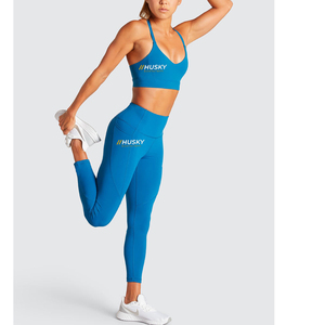 HUSKY Women's Ribbed Sports <b>Bra</b> & Leggings Set <b>Blue</b> Seamless Fitness Wear Breathable Racerback Scoop Neck Medium Support - Product Image 3