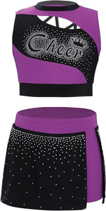 Ensemble uniforme de pom-pom girl violet et noir, haut court sans manches, jupe à fermetures éclair, design ajouré, taille haute, fermeture élastique, séchage rapide - Product Image 2