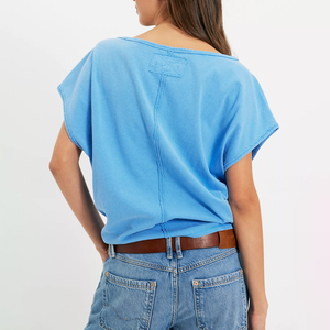 Premium Inside out Women's One Shoulder Crop <b>Top</b> Solid Blue Cotton Casual Loose Short Sleeve T-Shirt Spring Summer Style Tees - Product Image 2