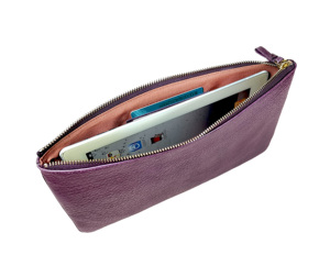 [New Item] Top Quality Castello Cowhide Embossed Leather Tablet Utility <b>Zipped</b> <b>Pouch</b> Case Unisex Dark Purple - Product Image 3