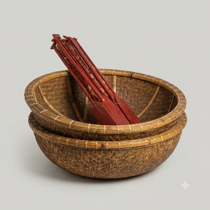 Bateau en bambou avec rames pliantes rouges, décoration rustique côtière, objet décoratif pour hôtel, fait main au Vietnam, décoration d'événements de plage et de villégiature, accent décoratif - Product Image 1