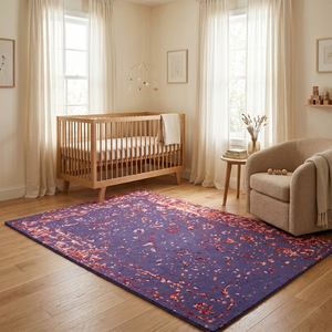 Alfombra de Lana Gruesa Tejida a Mano en Azul Índigo y Rojo, Alfombra Moderna con Borde Desgastado, Ecológica y Antideslizante para Sala de Estar - Product Image 4