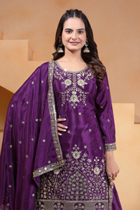 Gorgeous Chinon Silk Pearl Embedded <b>Sequin</b> Top Wide <b>Flared</b> Palazzo Set Stitched Dupatta Girls Three Piece Ethnic Suit - Product Image 5