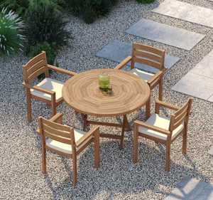 Conjunto de Comedor Redondo de Madera de Teca Sólida para Exteriores, 4 Plazas con Sillas con Brazos, Muebles Modernos para Jardín, Patio, Villa, Resort, Cafetería - Product Image 1