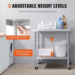 24x36x38 Inch Stainless Steel <b>Prep</b> <b>Table</b> with 4 Casters and 3 Height Settings Freestanding for Restaurant <b>Kitchen</b> Use - Product Image 5