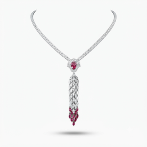 Exquisito Collar con Diamantes y Rubíes Cultivados en Laboratorio, con un Gran Rubí en Corte Pera como Centro de Atención y Borla de Diamantes en Cascada - Product Image 1
