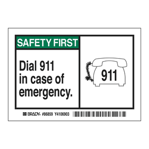 Etiqueta de Seguridad Autoadhesiva Duradera, SEGURO ES LA PRIMERA COSA, Llamar al 911, Señalización de Emergencia de 3.5x5 Pulgadas de Brady - Product Image 3