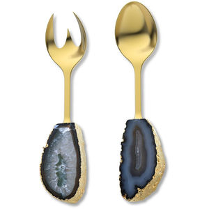 Juego de Servidores de Ensalada de Acero Inoxidable Chapado en Oro de Lujo con Asas de Piedra Natural, Utensilios de Cocina de Diseño Moderno - Product Image 1