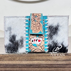 Hot Selling Western Real Hair On Hide <b>Leather</b> Wallet New Turquoise <b>Tooled</b> <b>Leather</b> Floral playing cards Designer Ladies Clutches - Product Image 1