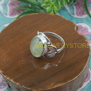Bague en argent avec pierre précieuse naturelle Prehnite, design feuille fait main, large, style vintage, bijou de guérison, cadeau pour femmes et hommes - Product Image 3