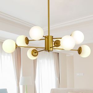 Moderno lampadario in oro a 8 luci a sfera in vetro bianco elegante lampada a soffitto di Design ramificato della metà del secolo per sala da pranzo - Product Image 2