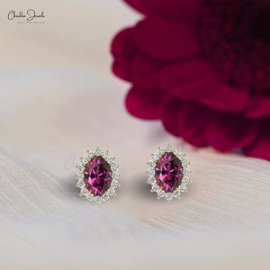 ต่างหูเพชรโรโดไลต์การ์เนตแท้ทรงวงรีขนาด 6x4 มม. ประดับเพชรทองคำ 14k ราคาโรงงานขายส่ง - Product Image 6