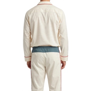 <b>Men's</b> Cream <b>Pajama</b> <b>Set</b> Long Sleeve Button Up Shirt and Lounge Pants with Red Piping - Product Image 2