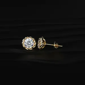 Round Cut Diamond Stud Earrings with Twisted Rope <b>Frame</b> Yellow Gold Diamond Earrings Special Design for Mother's Day for Export - Product Image 3