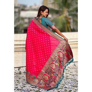 Sari en soie Darbari rose tissé avec des fils Zari, vêtements indiens et pakistanais avec une touche élégante de pashmina, tissages d'élite 700g - Product Image 4