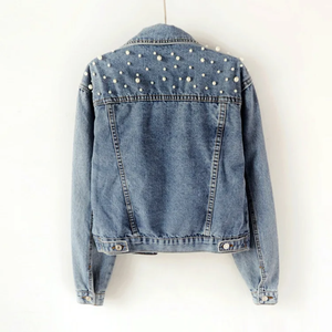 Women's <b>Denim</b> Jacket With Beading Vintage Casual Stonewashed Cotton <b>Coat</b> Autumn Style Regular Fit Solid Color Long Sleeve - Product Image 4