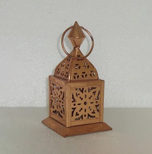 Copper Metal Candle Lantern Cutout Floral Pattern <b>Moroccan</b> Pyramidal <b>Roof</b> <b>Top</b> Finial Ring Handle Square Iron Frame Tabletop - Product Image 1