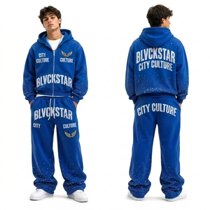 Conjunto de Pantalones Jogger Anchos de Algodón y Sudadera con Cremallera para Hombre, con Detalles de Pedrería, Estampado Urbano, Traje Deportivo - Product Image 1